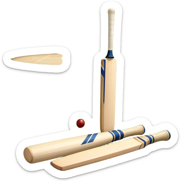 A cricket bat and ball resting on a well-manicured pitch, with the stumps and bails in the background. The scene emphasizes the traditional elements of the game, with the bat poised for a shot and the field reflecting a calm, competitive atmosphere. sticker