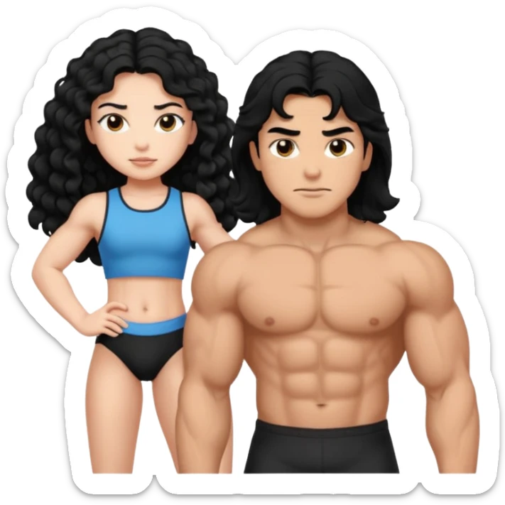 A strong man with straight black hair protecting a shorter girl with long curly black hair sticker