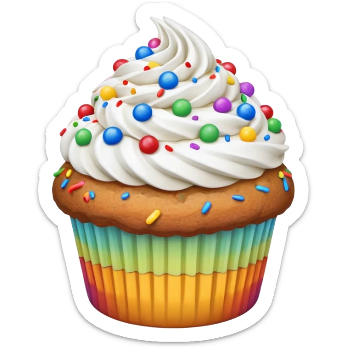 muffin topped with a swirl of whipped cream frosting and rainbow sprinkles sticker