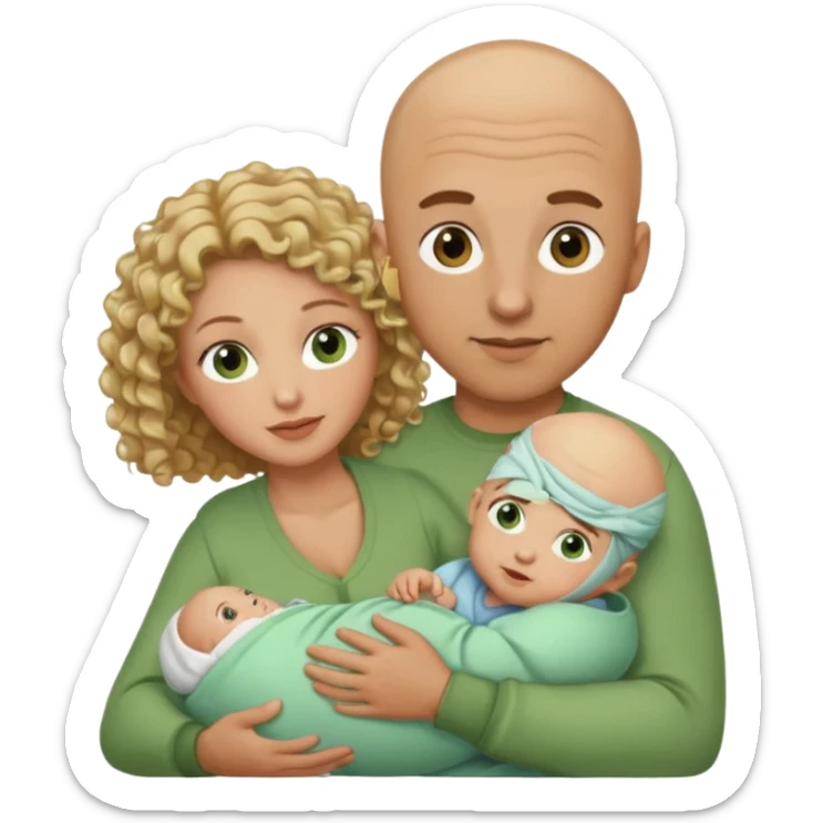 Un hombre calvo de ojos marrones con su mujer rubia de pelo rizado y ojos verdes sosteniendo un bebé niño de pelo rizado moreno y de ojos marrón verdoso sticker