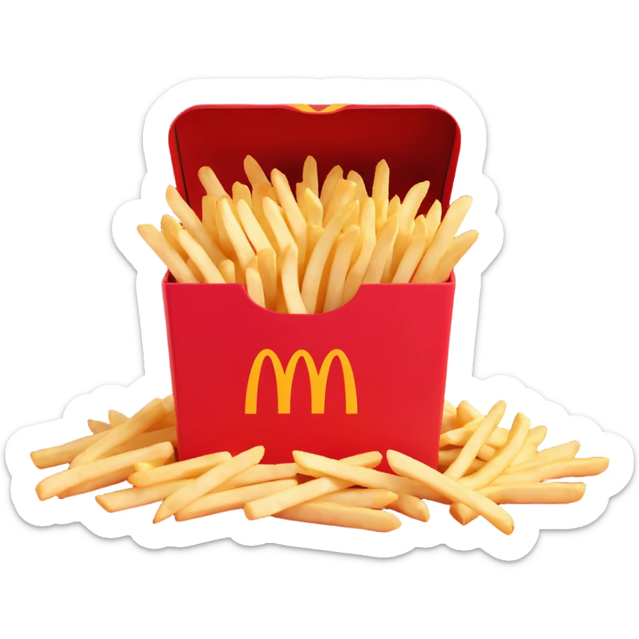 McDonald's French fries, stylized cartoon, overflowing fries in a red box, playful, no text, plain background sticker