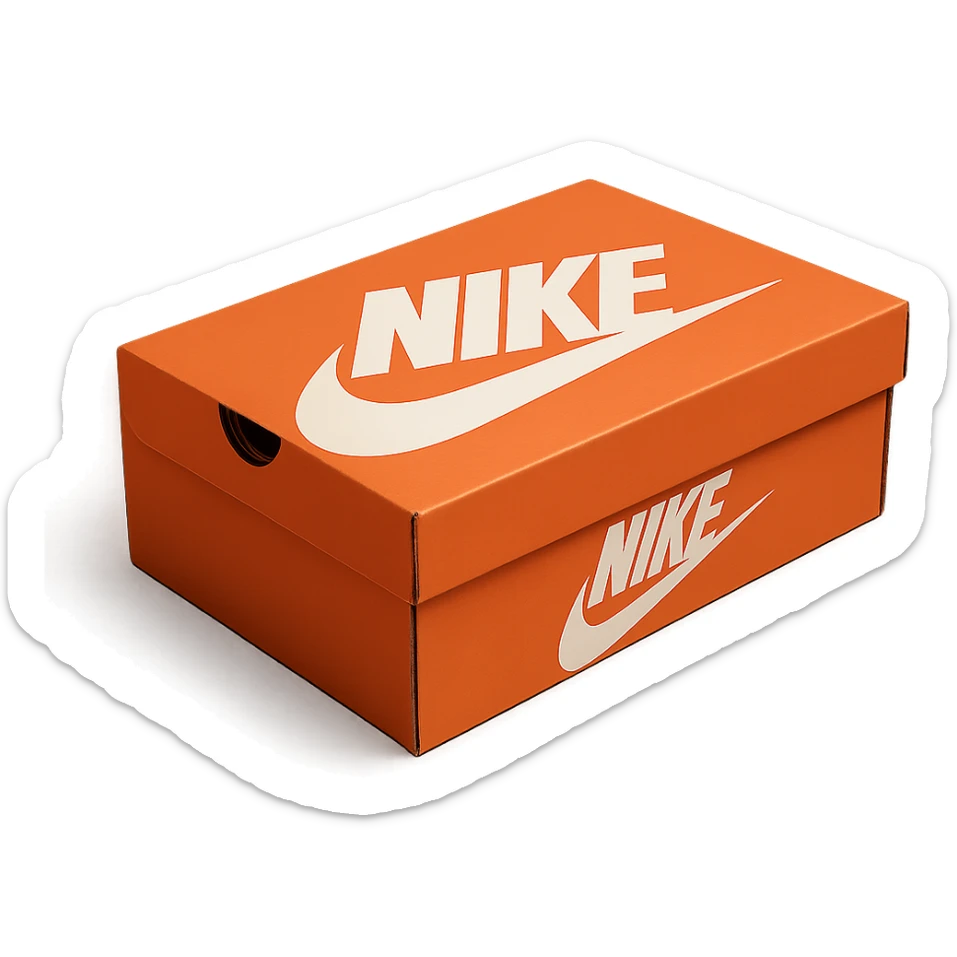 realistic Nike shoe box, iconic orange color, simple branding, realistic proportions, isolated on transparent background sticker