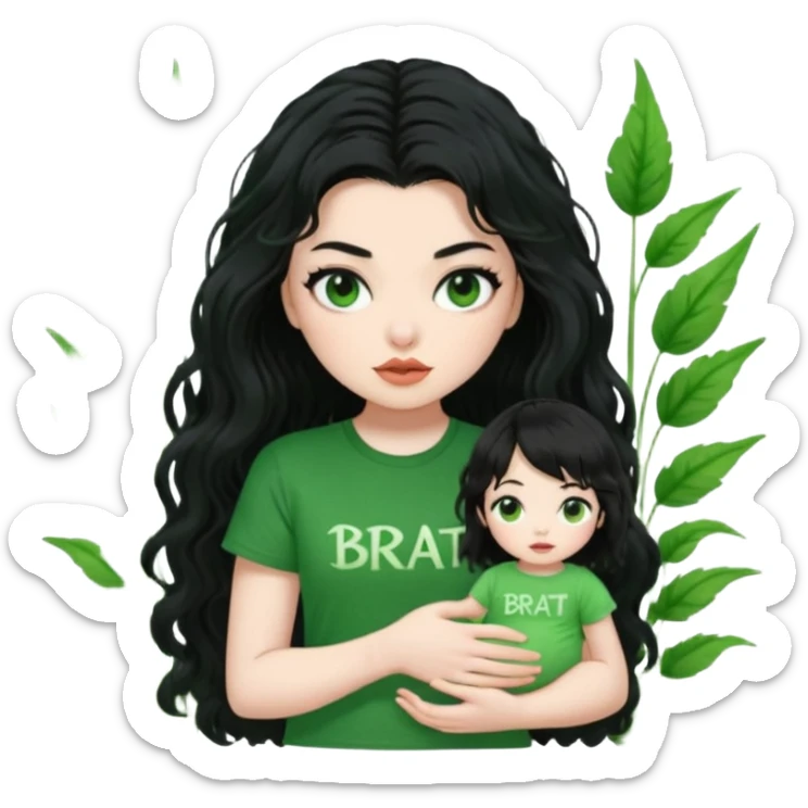 current charli xcx with here long black wavy hair, thich black sungrasses, pale skin, and a green baby tee that said brat in the brat font. sticker