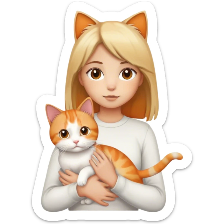 Girl with light brown and blonde hair holding a white, back and orange calico cat sticker