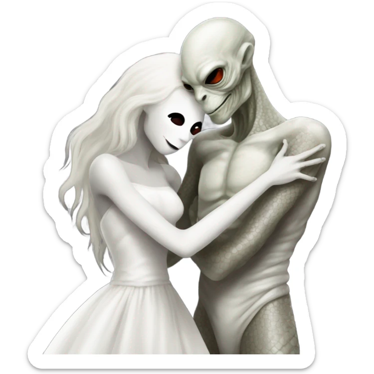 Alien reptilian woman in white dress hugs and kissing "white male human man" sticker