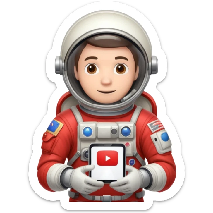 Man astronaut holding youtube logo in hands, person dress in red outfit sticker