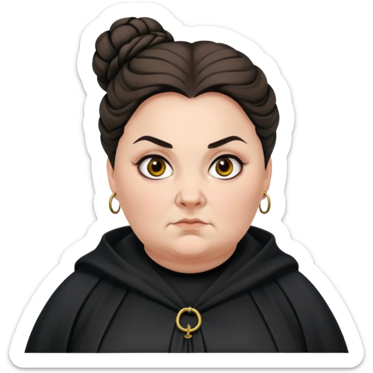 Alecto Carrow in harry potter, a woman fat, knot bun hair, look evil, black cloak sticker