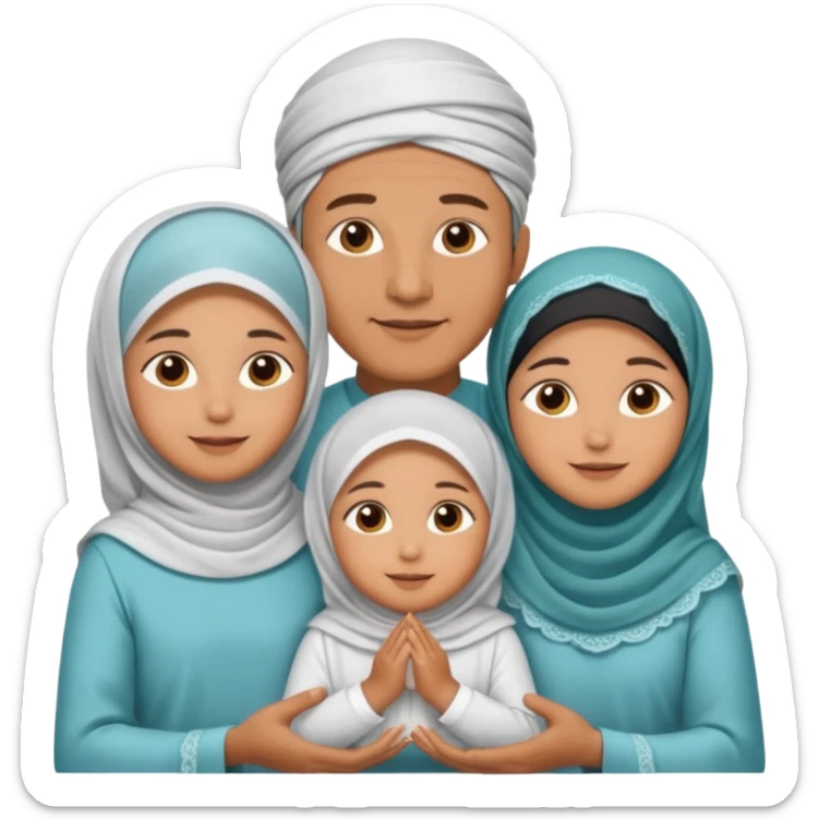Lebaran. Keluarga terdiri dari Ayah dan ibu, 3 orang anak yang terdiri dari dua anak laki-laki dan seorang anak perempuan yang merupakan anak terkecil. Ibunya menggunakan cadar. sticker