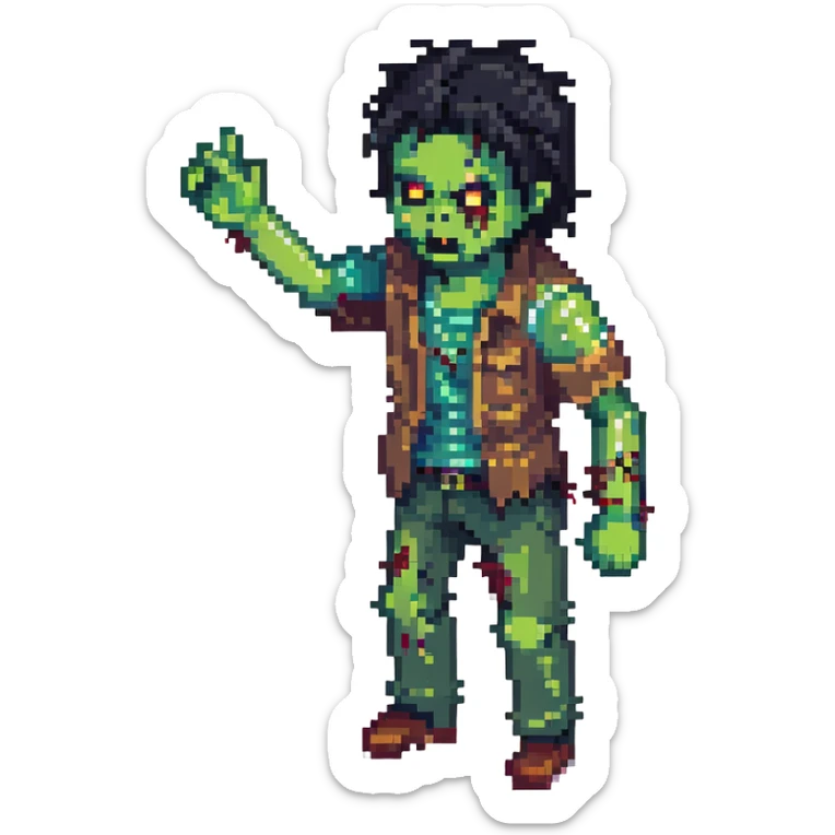 isometric zombie with one arm raised in the air and messy black hair sticker