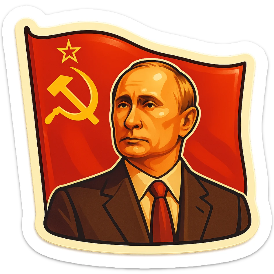 USSR flag with Putin in the center, styled as a Soviet era poster, vintage style, no text sticker