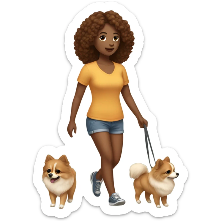 women with brown wavy hair wearing shorts and walking pomeranian sticker