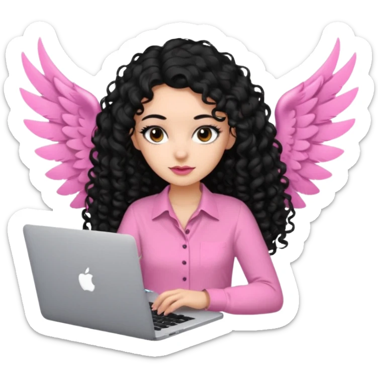 a girl typing mac book air with long black curly hair and brown eyes with winged black eyeliner, pink shirt sticker