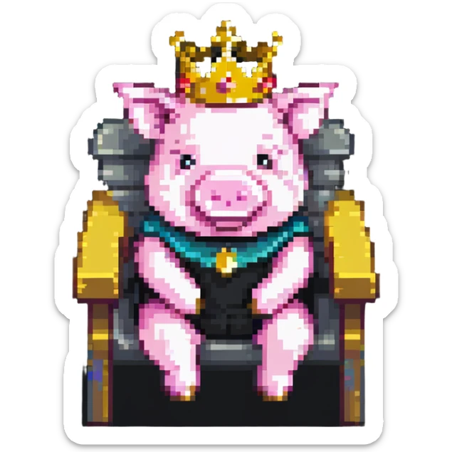cartoon-like playful pixel art pig with a golden crown sitting on a throne, blocky and square like Minecraft, very few pixels, simple and charming sticker