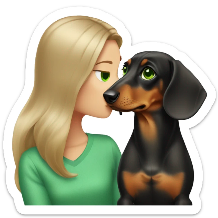 Dachshund  and dark blond girl with green eyes kissing dog sticker