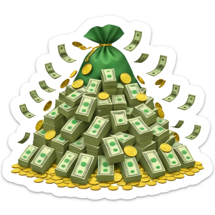 mountain of cash, with bags of money sticker