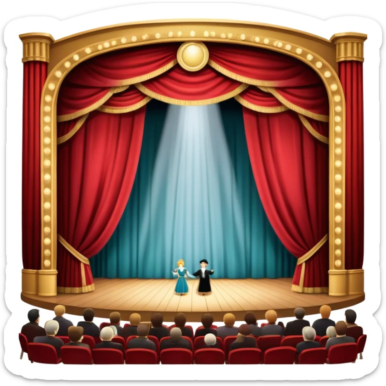 An icon depicting a grand theater stage with heavy curtains, spotlight shining on the performers, and an audience eagerly watching. The scene conveys the drama and excitement of live performances, with dramatic lighting and atmosphere. transparent background. sticker