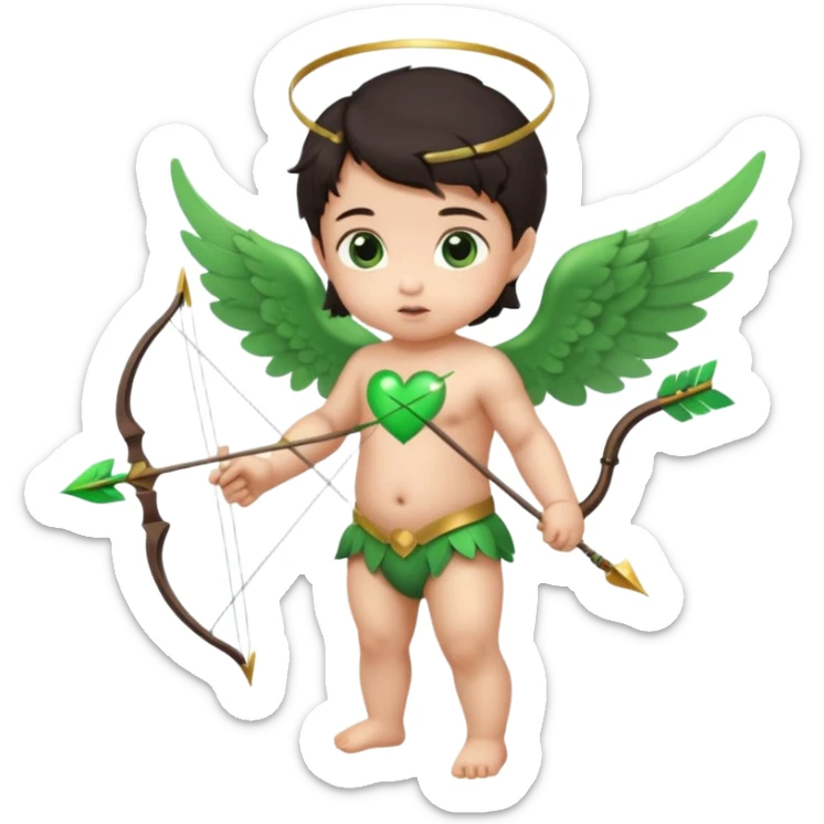 cupid asian baby flying full body with wings with brown eyes and dark hair handled bow and arrow green heart breaker and looking to heart sticker
