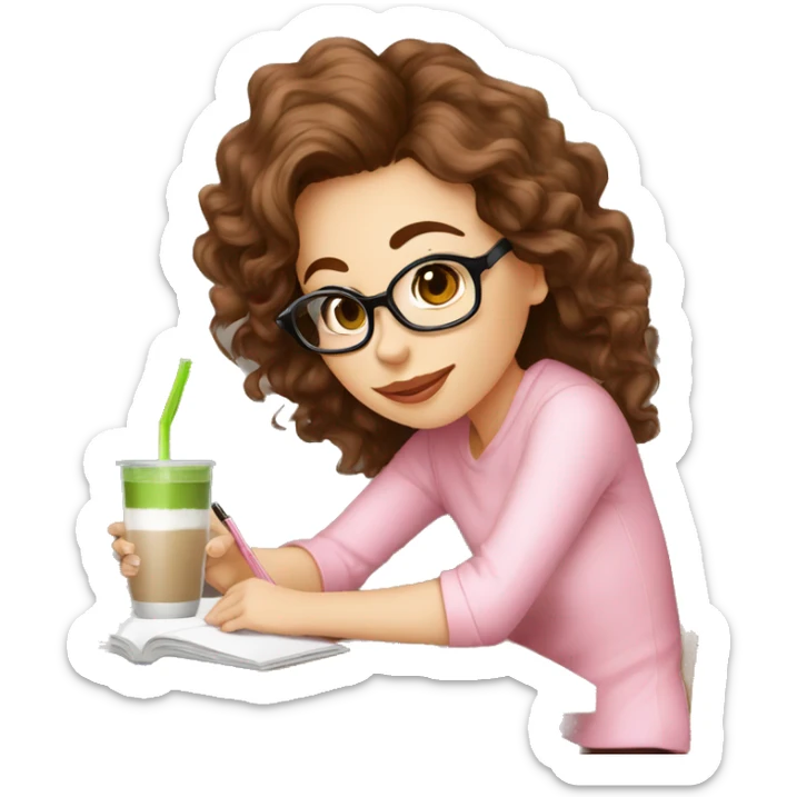 Pilates girl dressed in pink, with brown wavy hair and black glasses, drinking matcha latte and studying for Economics exam  sticker