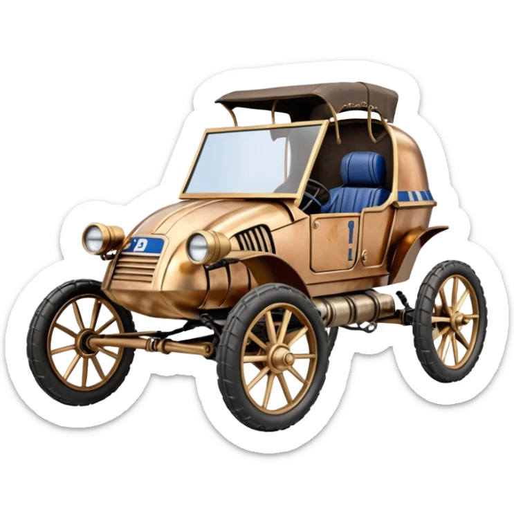 Old American West tarnished R2D2 C-3PO bounty hunter 1854 delicately ornate rosegold accents painted dune buggy buckboard wagon powered by electric motors and batteries with safety features and belts flying rapidly across rough dusty terrain stable on strong agile steampunk suspension and steering  sticker