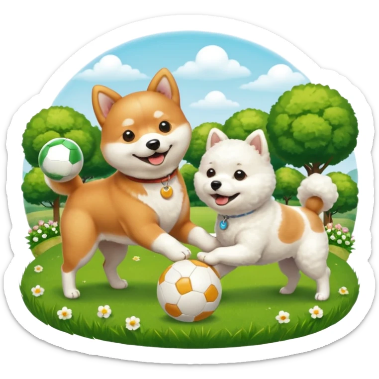 2 dogs, one ginger shiba inu et one white bichon, playing with a ball in a sunny garden sticker