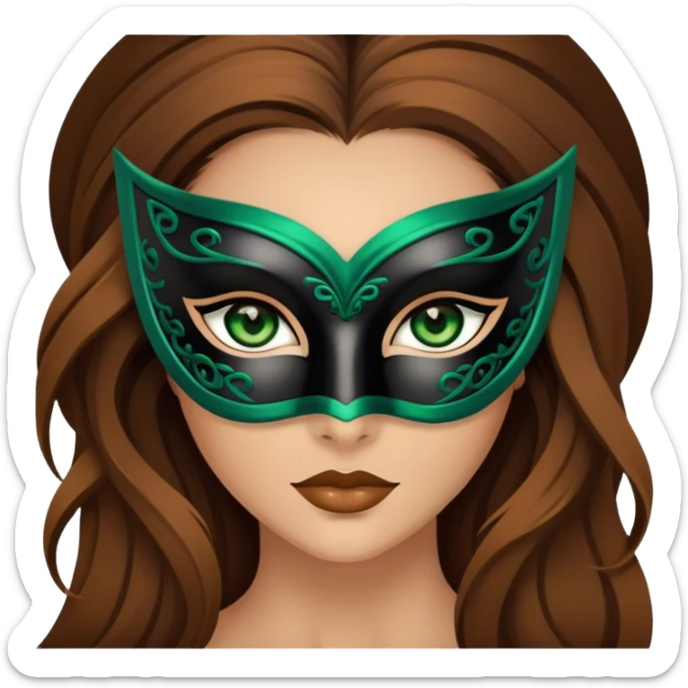 Greeneyed Woman with long brown hair wearing Black venetian mask sticker