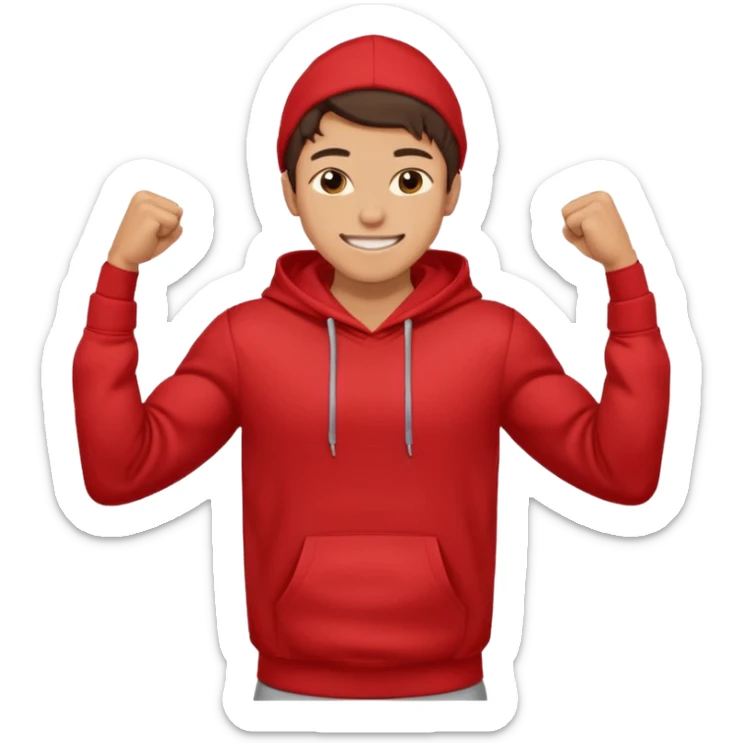make me an emoji of an americain 19 yearold boy in a red hoodie that says "south" on it and give him with tan skin with his hands in his hands in his pocket grining flexing his muscles sticker