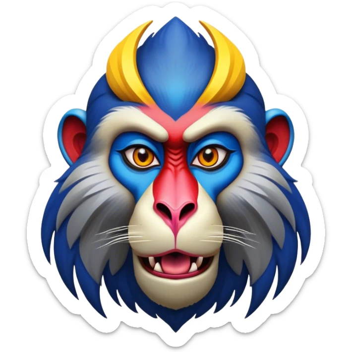 Cinematic Noble Mandrill Portrait Emoji, Poised and regal, with a striking, powerful build and a vivid, multicolored face accented by bold blue, red, and yellow hues, deep-set soulful eyes, Simplified yet sharp and sophisticated features, highly detailed, glowing with a vibrant, dignified glow, high shine, intelligent and commanding, stylized with an air of exotic majesty, focused and attentive, soft glowing outline, capturing the essence of a watchful and confident primate, so majestic it feels as though it could step out of the screen with effortless authority! sticker