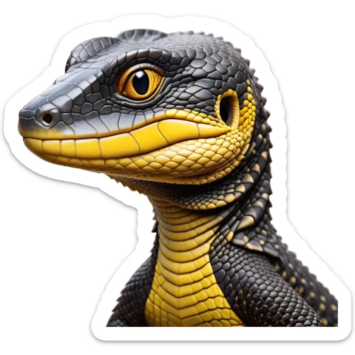 cinematic-realistic-cute-monitor-lizard-portrait-emoji,-head-tilted-playfully-and-inquisitively,-featuring-a-compact,-agile-body-with-finely-detailed,-glossy-scales-in-earthy-black and yellow-hues-and-a-distinct,-alert-face-with-bright,-curious-eyes, black , yellow spotted and green band  scales and a big long neck sticker