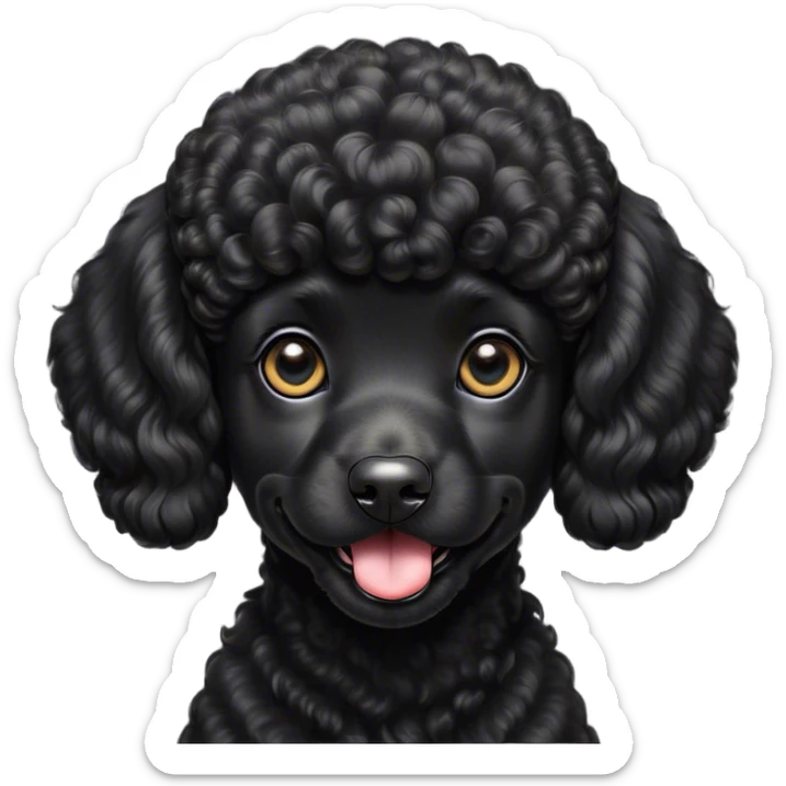 Cinematic Cute Black Poodle Portrait Emoji, Head tilted playfully and inquisitively, showcasing a bouncy, curly jet-black Fur with a striking sheen, round, sparkling dark eyes filled with curiosity, Simplified yet irresistibly adorable features, highly detailed, glowing with a warm, friendly glow, high shine, affectionate and lively, stylized with a touch of whimsy, bright and endearing, soft glowing outline, capturing the essence of a mischievous yet loving companion, so playful it feels like it could bounce out of the screen and into your arms! sticker
