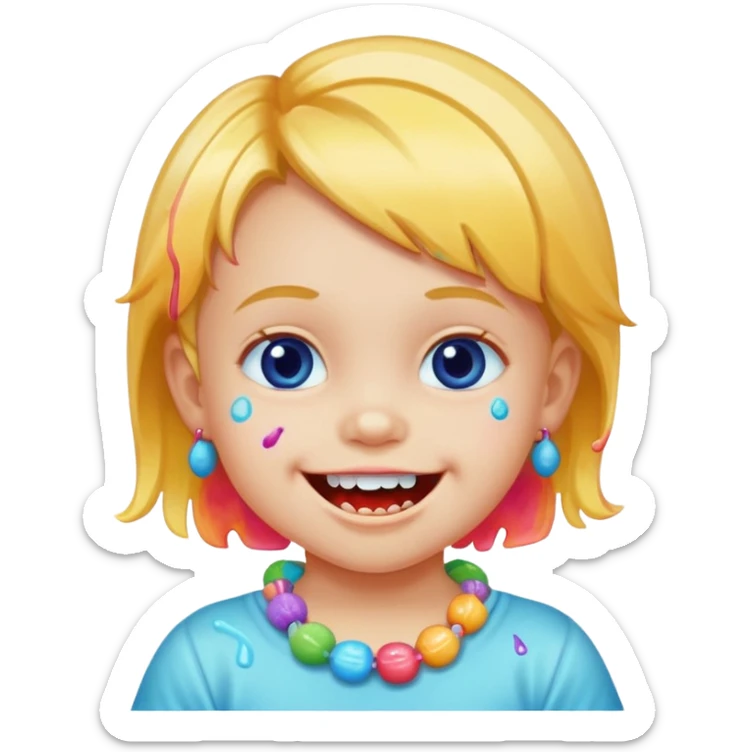 A toddler with candy necklace, grinning with colorful sugar stains on her mouth. sticker