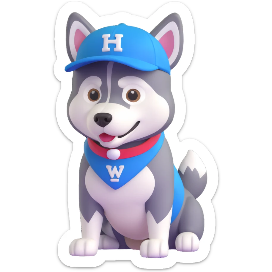 mascot of a sports club husky, white, black, blue, wearing a sports cap sticker