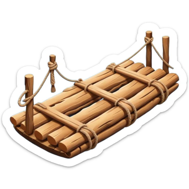showing a simple wooden raft floating on calm blue water — made of several brown logs tied together with rope — gentle ripples around it — bright, cheerful lighting and soft shadows — minimalist, clean emoji design sticker