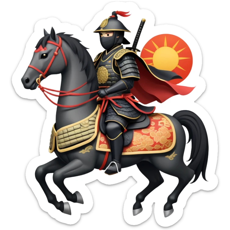 clash-of-clans-aesthetic_-cinematic-fearsome-and-majestic-samurai-bust-portrait-emoji, rendered in a flat, vector-style with minimal shading and bold, simplified shapes typical of emoji art, depicting a battle-hardened samurai with black mask and traditional black Japanese armor. The samurai is riding a noble grey warhorse adorned with an intricately designed saddle and fluttering banners and a rising sun. a zoomed insamurai riding on a  horse sticker