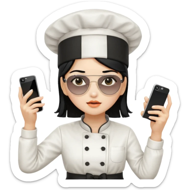 ["A sad woman with light skin, straight hair, wearing a chef hat and sunglasses, dressed in K-pop fashion, is dancing while holding a phone."] sticker