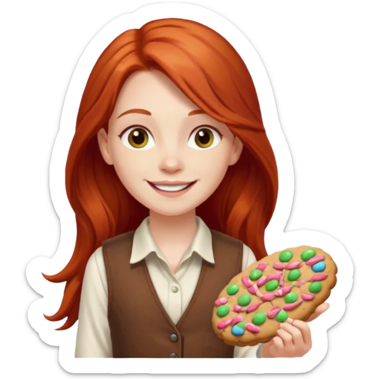 white girl scout with red long hair selling cookies with a brown vest and white shirt under vest. She should be around 10 years old sticker