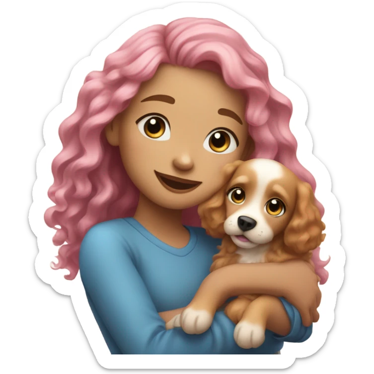Please create a girl who hugs her pet doggie. The girl has a cute face and so does the doggie. The girl has light skin, blue eyes and pink wavy long hair. sticker