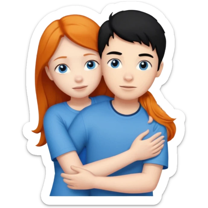Ginger boy without facial hair hugging girl with black hair. Both have blue eyes.  sticker