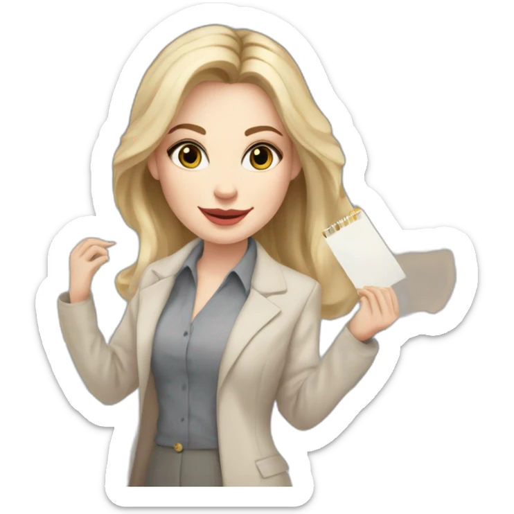 pale skin woman interior designer with cold blonde middle length hair, gray eyes, beige blouse, White oversize jacket, Gray skirt holding a color palette in the hands sticker
