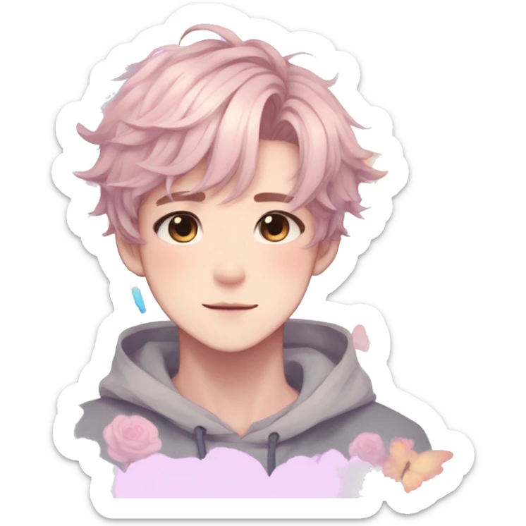Gorgeous pastel anime style boy with blushing face and butterflies aesthetic trending style sticker