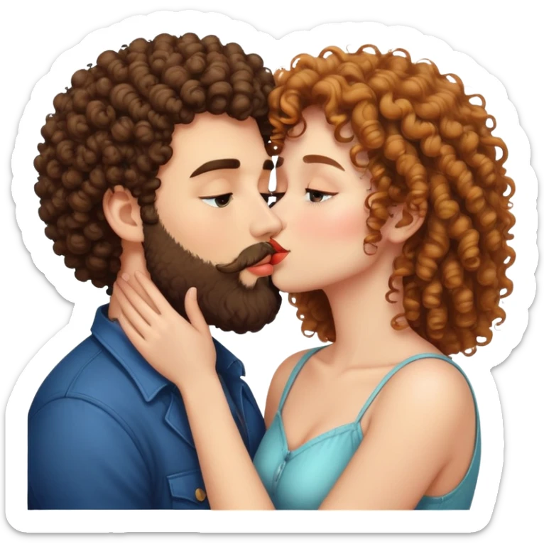 curly haired girl kissing a man with a beard, romantic couple kiss sticker