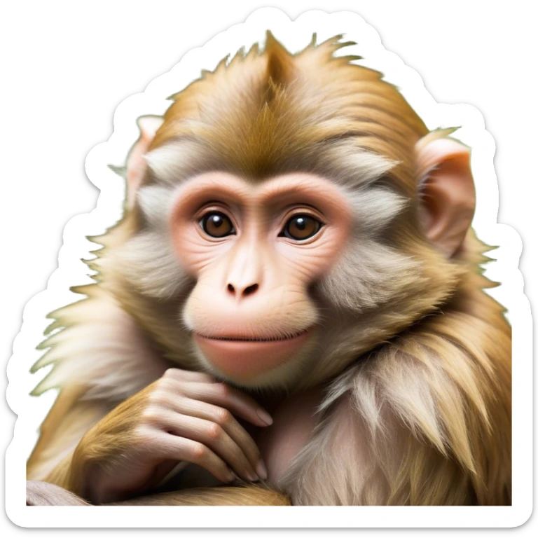 Beautiful and Majestic Cheeky Macaque Portrait Emoji, Head resting in a relaxed, contented smirk with eyes half-closed in a dreamy, playful slumber, showcasing soft, gently ruffled fur and a compact, agile build, Simplified yet exquisitely endearing features, highly detailed, glowing with a soft, radiant light, high shine, serene yet mischievous, stylized with an air of refined playful charm, soft glowing outline, capturing the essence of a beautiful and majestic macaque that embodies both cheeky humor and gentle elegance! sticker