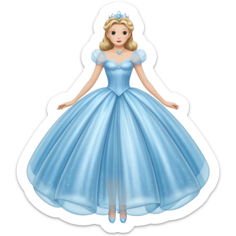 The bubble dress is typically a voluminous ball gown, designed to make Glinda look like she’s literally floating in a bubble. It features:  Pale blue or shimmering white-blue hues (in Ariana Grande’s movie version, it’s a soft, cotton-candy blue). sticker