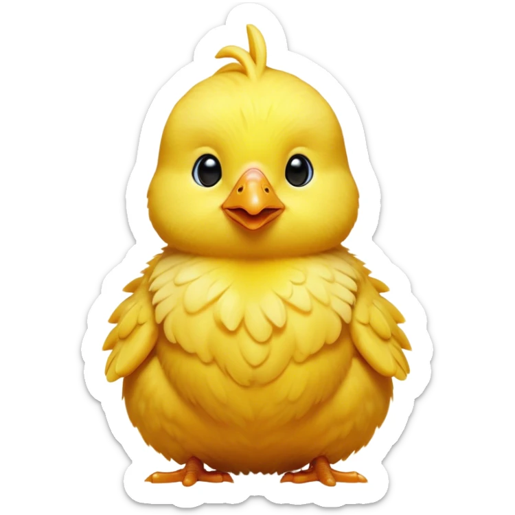 Cinematic Noble Yellow Baby Chicken Portrait Emoji, Poised and regal, with a tiny, fluffy build and a vibrant, well-groomed bright yellow downy coat, deep-set soulful beady eyes, Simplified yet sharp and sophisticated features, highly detailed, glowing with a soft, dignified glow, high shine, intelligent and charming, stylized with an air of youthful elegance, focused and attentive, soft glowing outline, capturing the essence of a watchful and confident little chick, so majestic it feels as though it could peep out of the screen with effortless authority! sticker