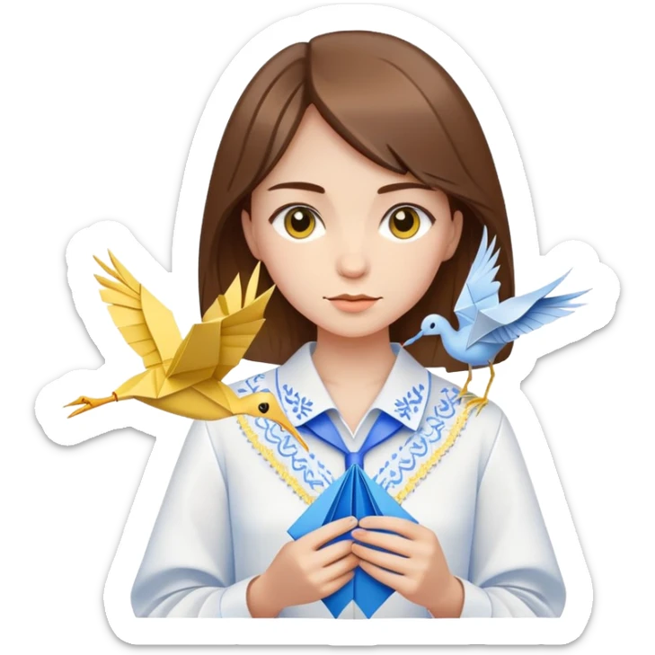 Ukrainian young girl with brown hair wearing a white embroidered shirt holds an origami yellow-blue crane sticker