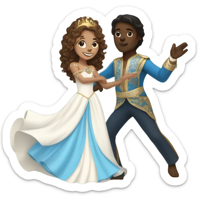 A princess with, brown long straight hair  and white dress with jewelry dancing around with a prince that is dark skin and curly brown hair with a blue and gold outfit  sticker