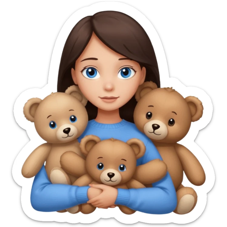 a girl with long dark 
brown hair, with blue eyes, in a
white sweater, hugs 3 different natural coloured sticker