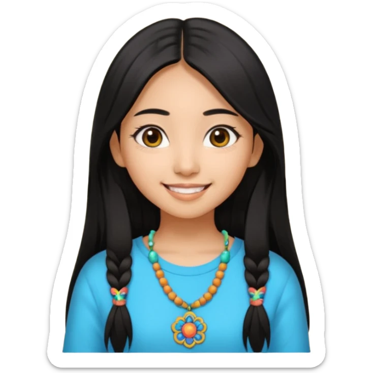 20 yr old asian woman hair trendy clothes center part big eyes big smile tanned skin straight black hair hippie part hair  sticker