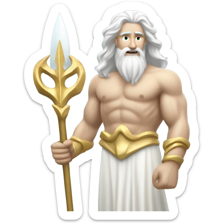 white man Poseidon with gold trident. long white hair white dress watch out sticker