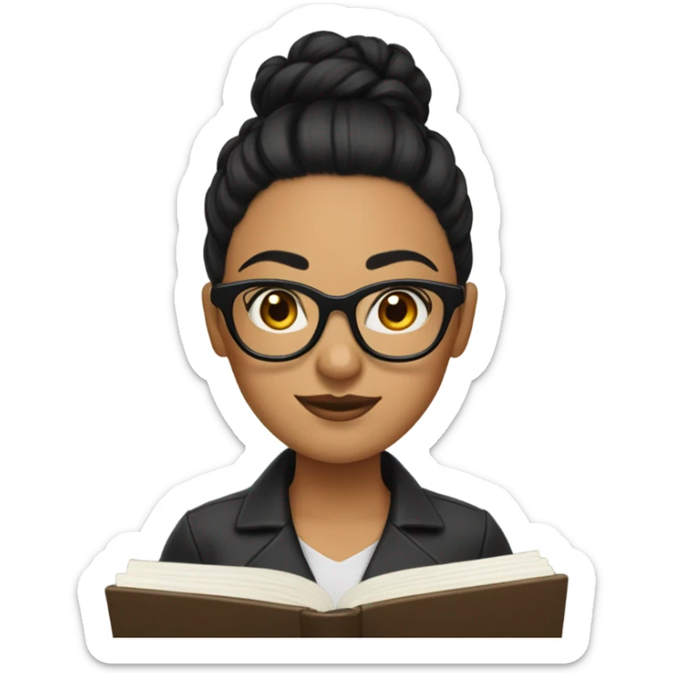 A woman with Black hair with a bun in the top of her head, she has glasses, she is writing a note on her notebook sticker