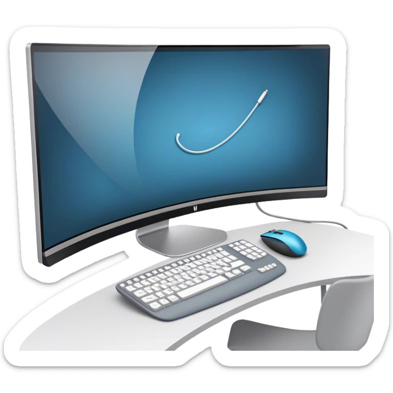 Create an emoji for UX/UI design. Show large curved monitor displaying windows with UX/UI design HTML program interface. Include a mouse, keyboard, and stylus next to the screens. Use modern, professional colors. Do not include any emojis or smiley faces. Make the background transparent. sticker